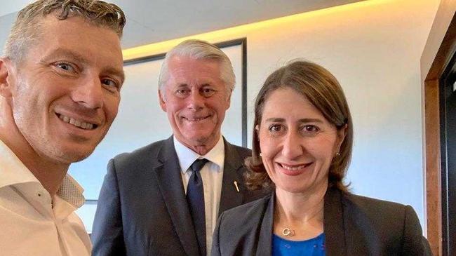 Tweed Shire Councillor James Owen with Tweed MP Geoff Provest and NSW Premier Gladys Berejiklian. Picture: Facebook