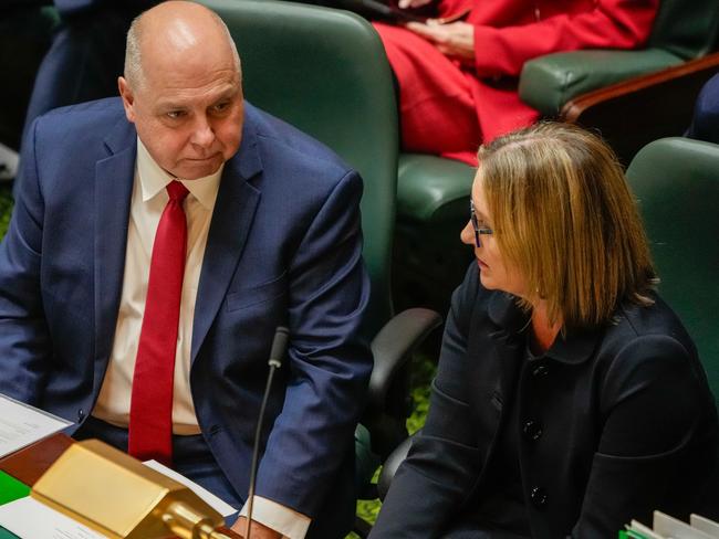 Outgoing Treasurer Tim Pallas and Victorian Premier Jacinta Allan inside Parliament. Picture: Getty Images