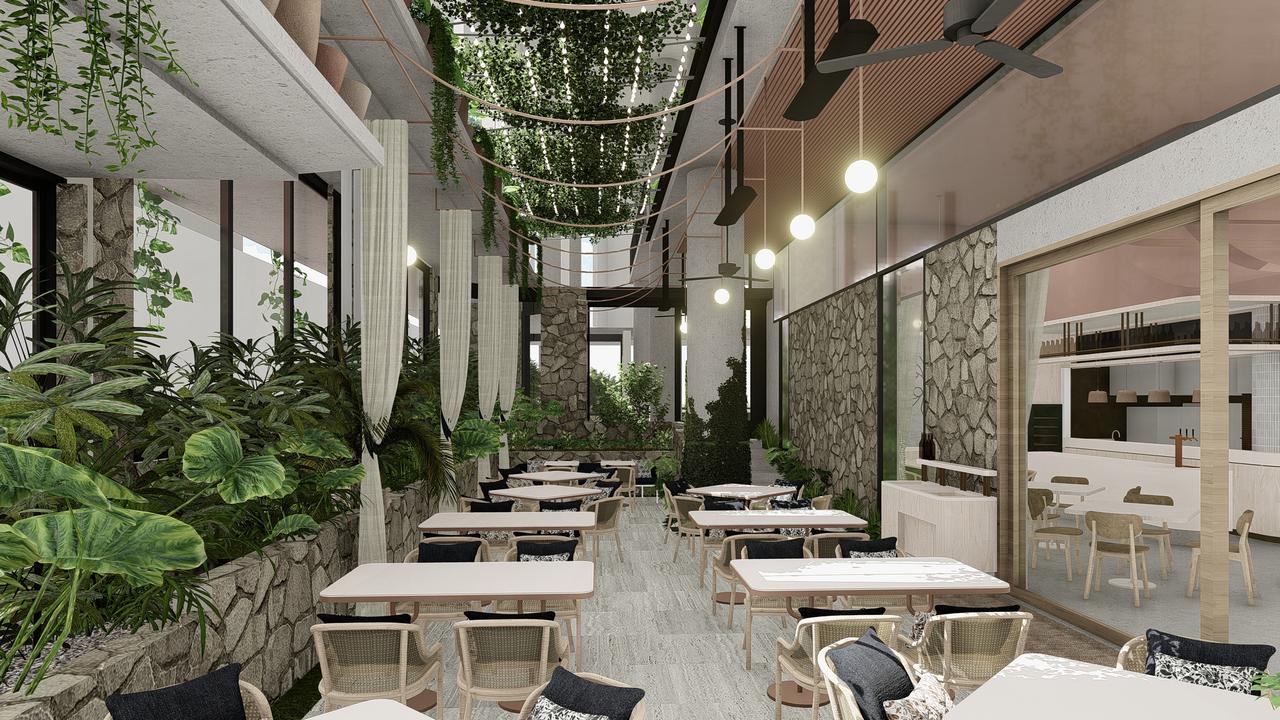 The courtyard at Evra, Newstead is filled with greenery and good vibes.