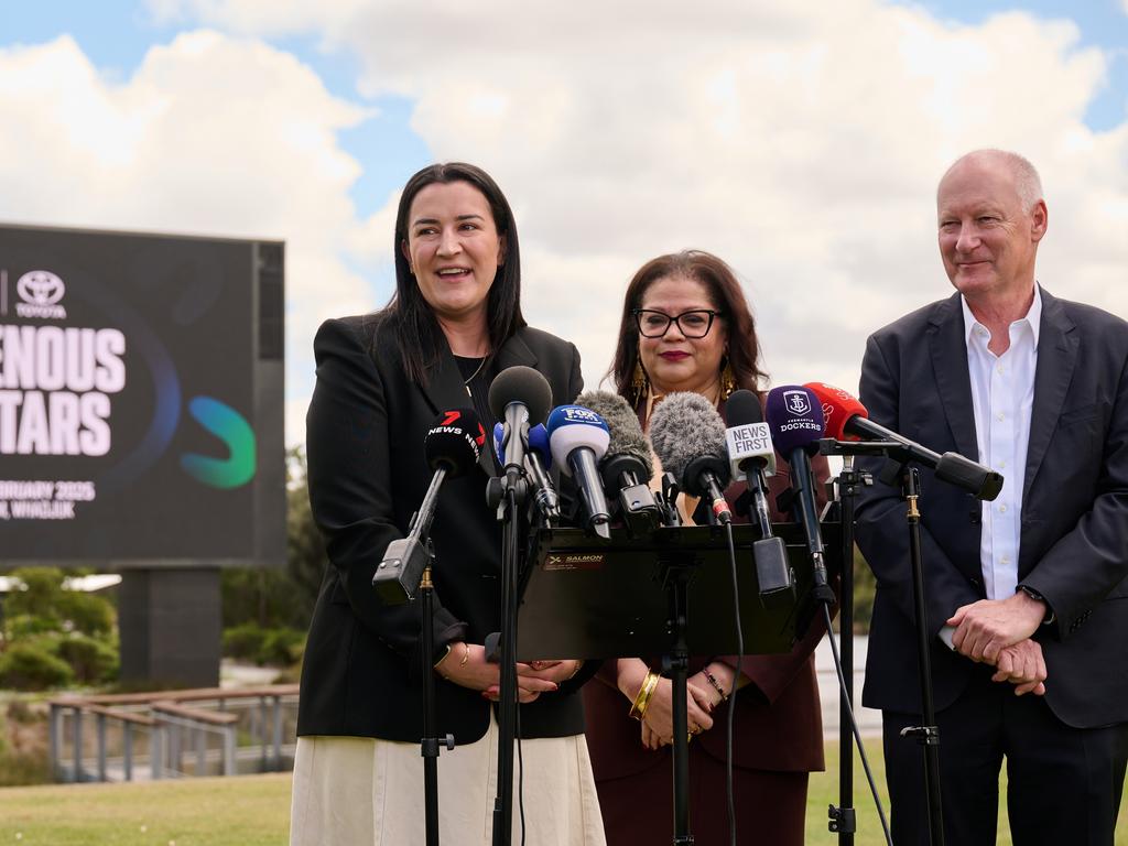 Laura Kane, Tanya Hosch and Richard Goyder address the media in Perth. Picture: Stefan Gosatti/AFL Photos/via Getty Images.