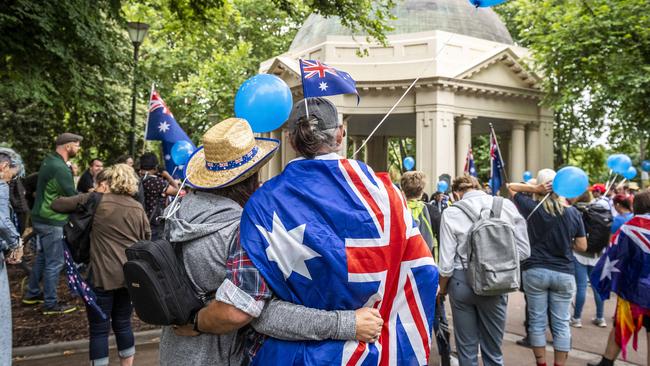 Anti-Corona restriction / Freedom Day protesters and Proud Boys rally in support of Australia Day. Picture: Jake Nowakowski