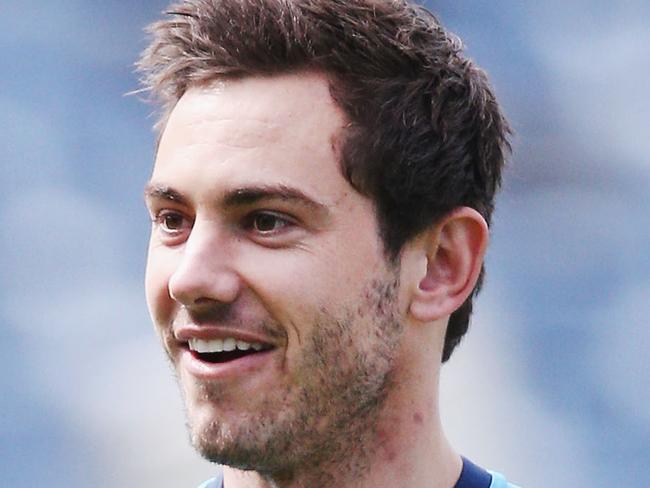 GEELONG, AUSTRALIA - SEPTEMBER 13:  Daniel Menzel of the Cats reacts during the Geelong Cats AFL training session at Simonds Stadium on September 13, 2017 in Geelong, Australia.  (Photo by Michael Dodge/Getty Images)