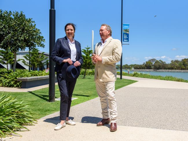 Queensland Premier Annastacia Palaszczuk with Dr Andrew Forrest, announcing the $1bn hydrogen electrolyser plant to be built in Gladstone. Picture: William Debois