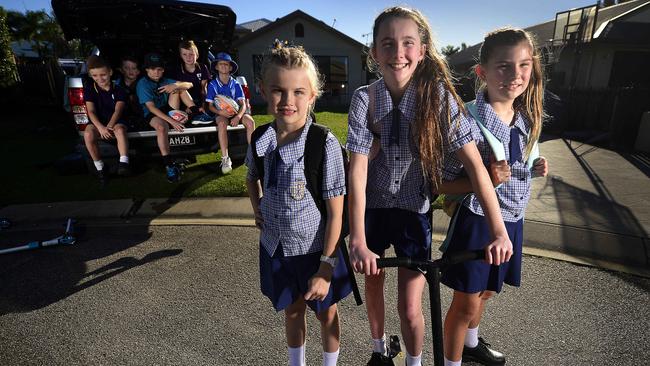 (FRONT L-R) Reese Achilles, 7, Harmonee Steel, 13, Peyton Achilles, 9. (BACK) Boston Woods, 8, Grayson Woods, 7, Mason Hodges, 8, Lincoln Carter, 11 and Zanda Hodges, 5. Schoolchildren across Townsville are gearing up to head back to school on Monday. PICTURE: MATT TAYLOR.