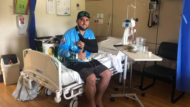 Josh Vaughan has had part of his finger sewn back on after it was amputated in an accident involving a boat trailer. Picture: Supplied