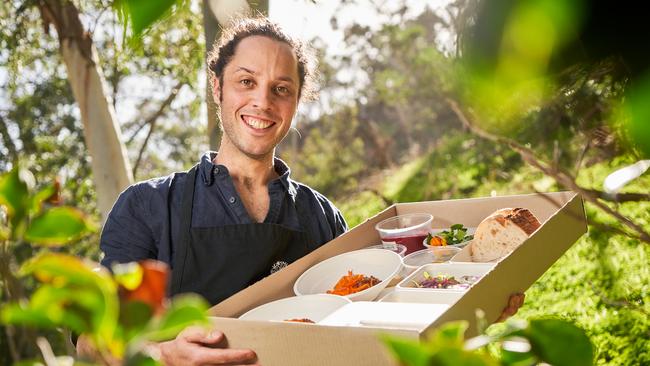 Topiary restaurant owner and chef Kane Pollard with one of his takeaway options. Picture: Matt Loxton