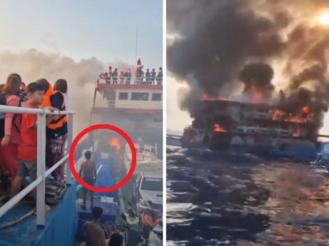 Chaos at tourists jump from burning ferry