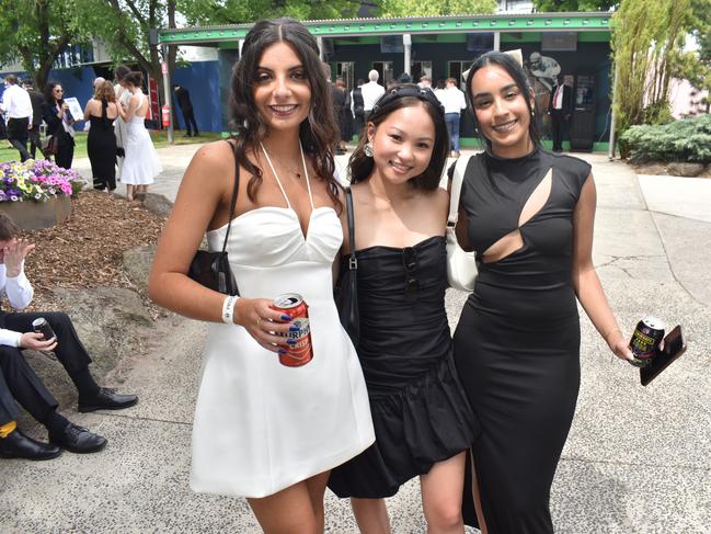 Guests in striking racewear at Penfolds Derby Day at the Flemington Racecourse on Saturday, November 02, 2024: