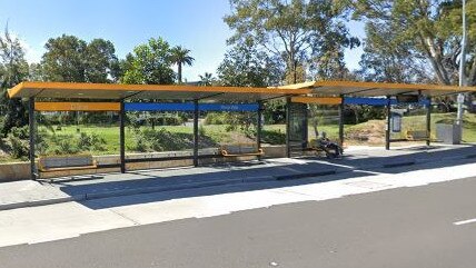 The northbound B-Line bus stop on Barrenjoey Rd at Mona Vale where a boy, 16, was allegedly smashed in the head with a bottle and beaten with a stick during an alleged daylight assault by two 14-year-old boys. Picture: Google Maps