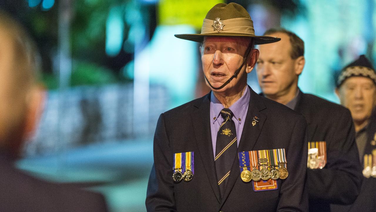 Bryce Rogers OAM prepares to march to the Anzac Day Dawn Service at the Mothers' Memorial in Toowoomba. Picture: Kevin Farmer