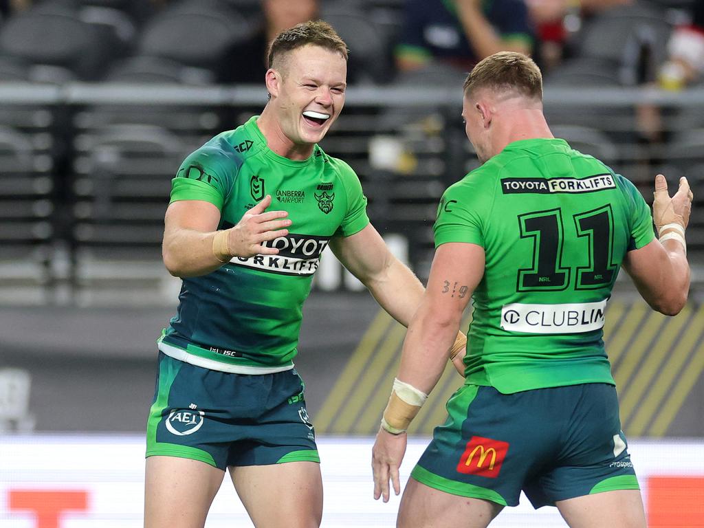 Ethan Strange and Hudson Young of the Raiders celebrate winning the round one NRL match between the Canberra Raiders and the New Zealand Warriors at Allegiant Stadium. Picture: AFP