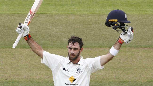 Victoria’s Glenn Maxwell celebrates bringing up his double century against NSW on Friday.