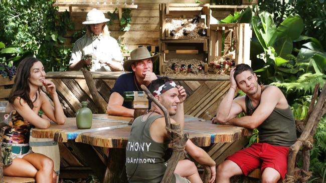 I'm A Celebrity: Warne with Laurina Fleur, Anthony Callea, Dean Geyer. Picture: Supplied/Channel 10