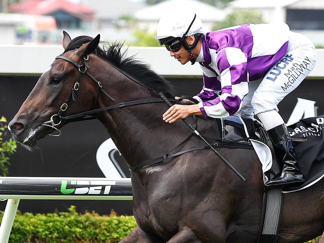 Jockey Matthew McGillivray rides Ef Troop to win race 3, the Phelan Ready Stakes, during the Doomben Race Day at the Doomben Racecourse in Brisbane, Saturday, December 16, 2017. (AAP Image/ Albert Perez) NO ARCHIVING, EDITORIAL USE ONLY