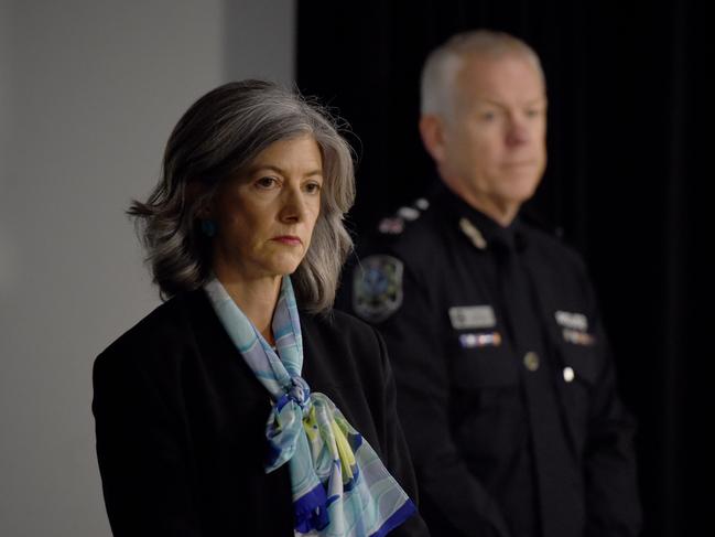 Chief Public Health Officer Professor Nicola Spurrier and Police Commissioner Grant Stevens watch on as Premier Steven Marshall speaks at a press conference at the State Admin Building in Adelaide. Picture: NCA NewsWire / Naomi Jellicoe