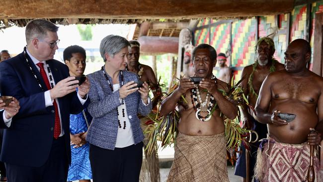 A delegation led by Foreign Minister Penny Wong including Pat Conroy, Michael McCormack and Simon Birmingham meet with Chiefs in Vanuatu for a ceremony as part of a tour of the Pacific region. Picture: DFAT