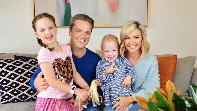 Channel 7 news reader Jacqueline Felgate, husband and sports presenter Michael Felgate, and their daughters Maddie and Georgia, reveal what they miss most in shutdown. Picture: Nicki Connolly