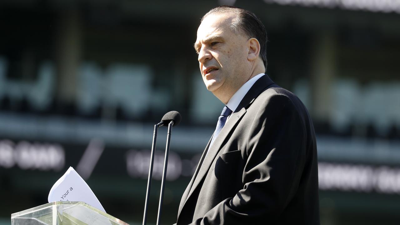 Peter V'landys speaking at the memorial service for iconic Kangaroos player Tommy Raudonikis at the Sydney Cricket Ground. Picture: Jonathan Ng