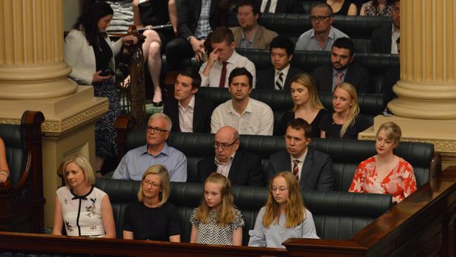 Jay Weatherill’s wife Melissa and daughters Lucinda and Alice watch his speech. Picture: AAP Image / Brenton Edwards