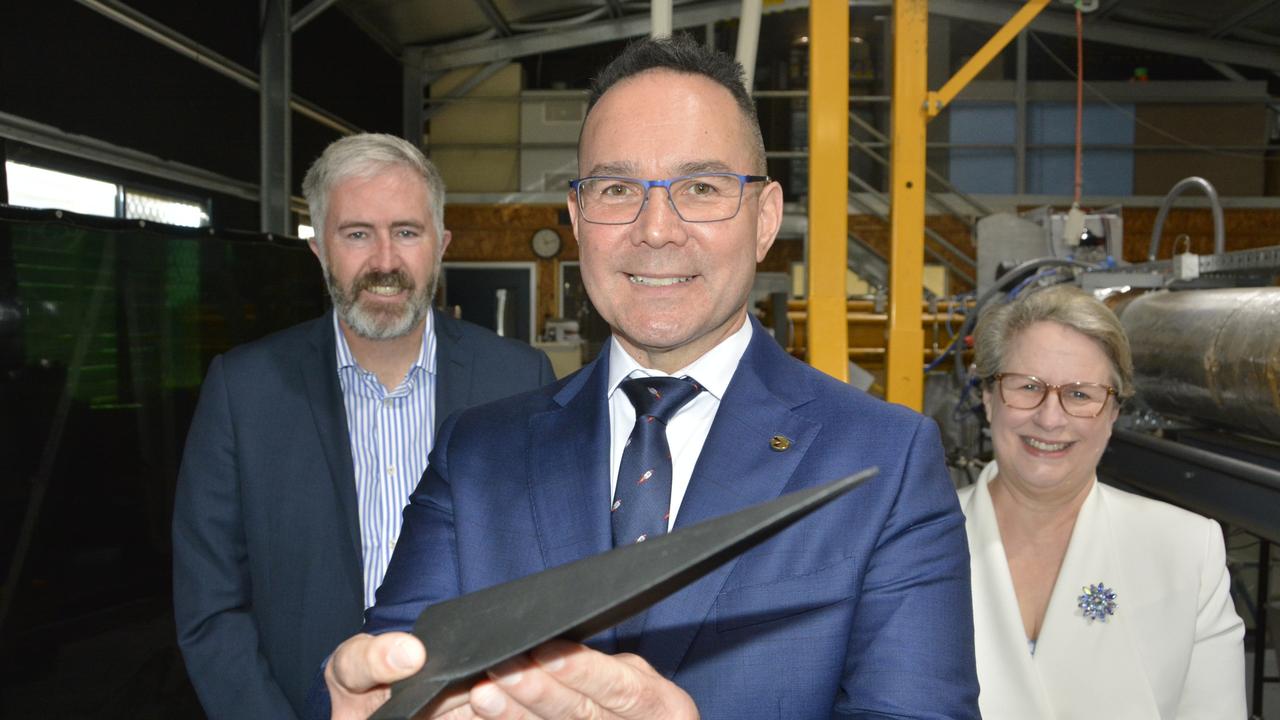 Announcing the start of the $180m iLAuNCH space research program are (from left) Senator Anthony Chisholm, iLAuNCH executive director Darin Lovett and UniSQ vice-chancellor Geraldine Mackenzie.