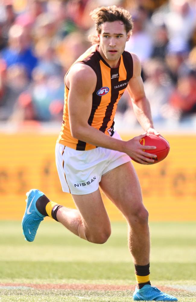 Jack Scrimshaw could play only days after undergoing surgery on a dislocated finger when Hawthorn meets North Melbourne on Sunday. Picture: Morgan Hancock / Getty Images