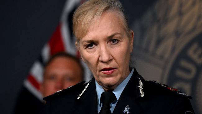 BRISBANE, AUSTRALIA - NewsWire Photos - FEBRUARY 20, 2024.Queensland Police Commissioner Katarina Carroll, flanked by Premier Steven Miles, announces her resignation at the QPS headquarters in Brisbane. Picture: Dan Peled / NCA NewsWire