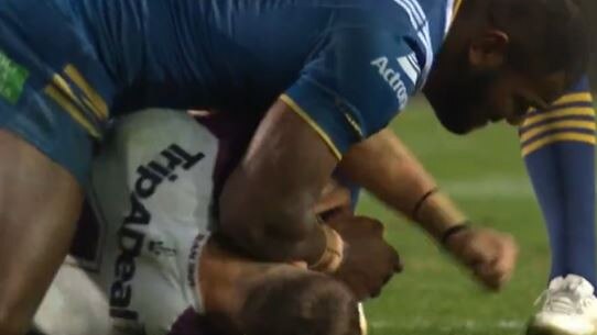 Maika Sivo was sin-binned for this elbow to the face on Reuben Garrick. Picture: Fox League