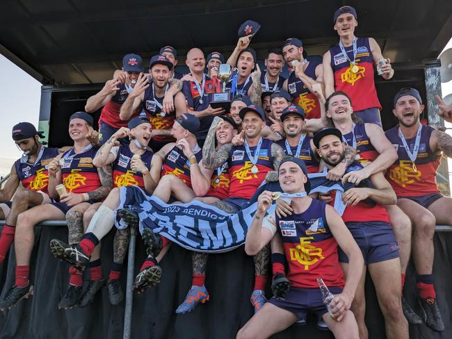 Diggers Rest celebrates its RDFNL premiership. Picture: Aaron Cook