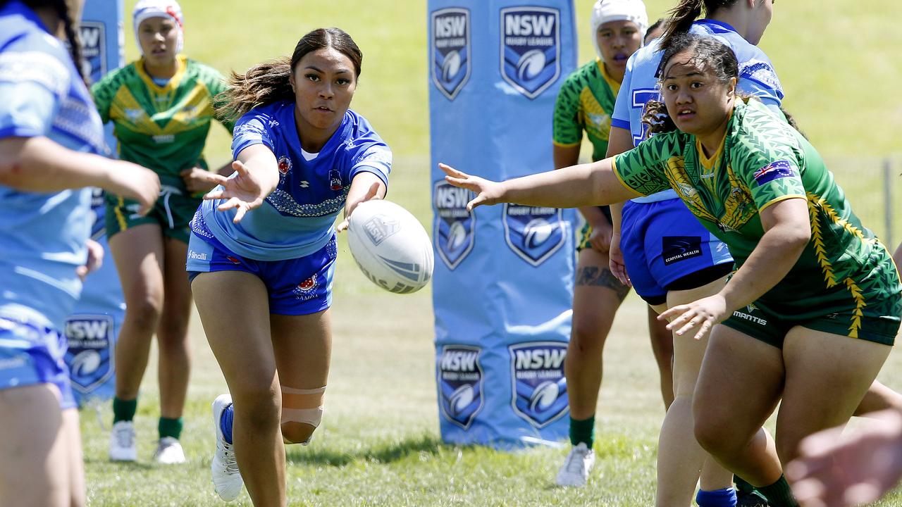 Mcceshan Livingstone from Samoa White. Under 18 Girls Ozzy Cooks (Cook Islands) v Samoa white. Harmony Nines Rugby League. Picture: John Appleyard