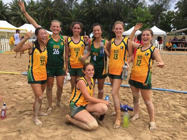 The under-17s junior girls Australian beach handball squad on the Cook Islands. Picture: Supplied.