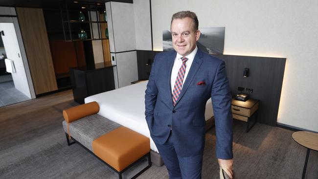 Movenpick Hotel Hobart general manager Jeremy Healy inside one of the new suites. Picture: ZAK SIMMONDS