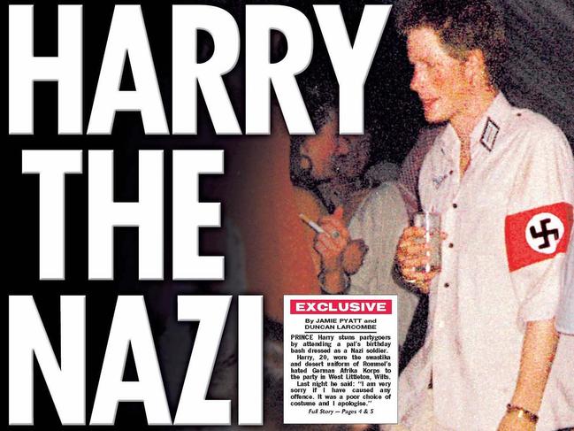 Front page of The Sun newspaper in London featuring a photograph of Prince Harry wearing a Nazi shirt and swastika while attending a fancy dress party in 2005.