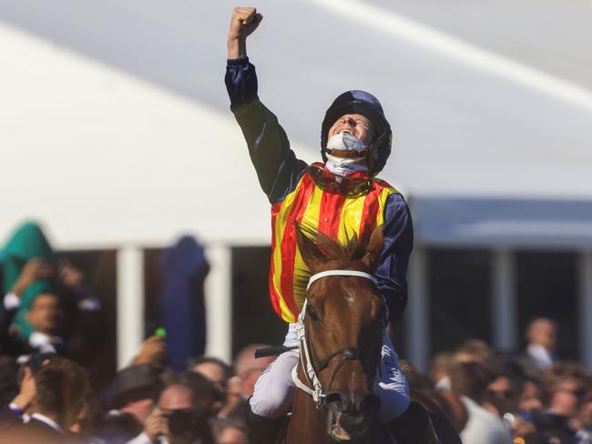 James McDonald salutes to the heavens as he brings Nature Strip back to the scales. Picture: Mark Evans/Getty Images)