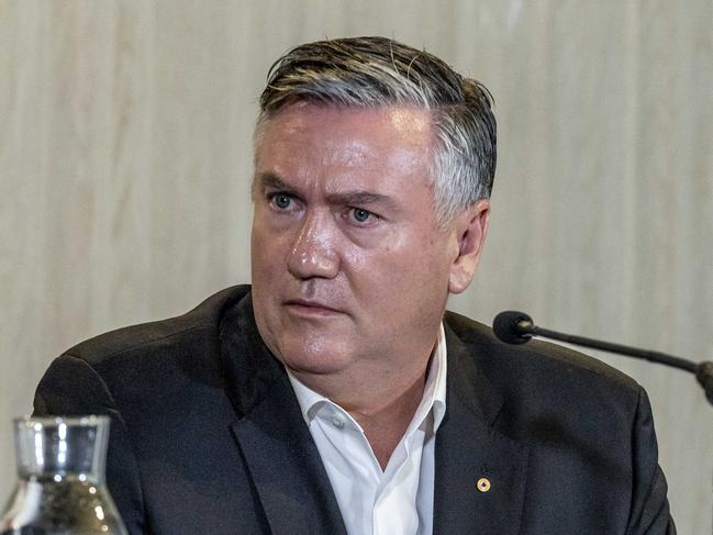 Mark Anderson, Eddie McGuire, Jodie Sizer and Peter Murphy from the Collingwood Football Club hold a press conference to discuss the release of the club's CGC Better Report. Eddie McGuire speaks during the press conference. Picture: Jake Nowakowski