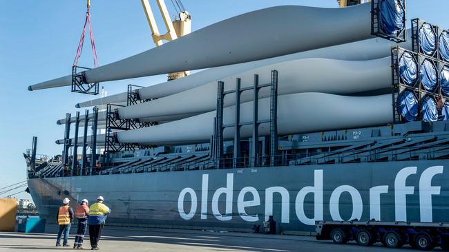 Wind turbine components being received at Port of Newcastle, which is now a gateway for renewable energy technology.