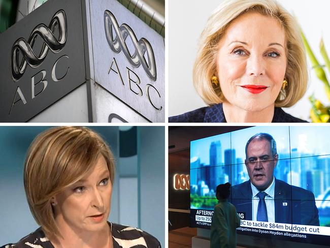 Calls to defund Aunty, made by pundits who abhor cancel culture, are nonsense, according to Joseph Gersh. Pictures: (clockwise from top left) ABC headquarters at Ultimo, ABC chair Ita Buttrose, ABC managing director David Anderson is seen on a TV screen outside the ABC's Ultimo HQ, and 7.30 host Leigh Sales. Pictures: File