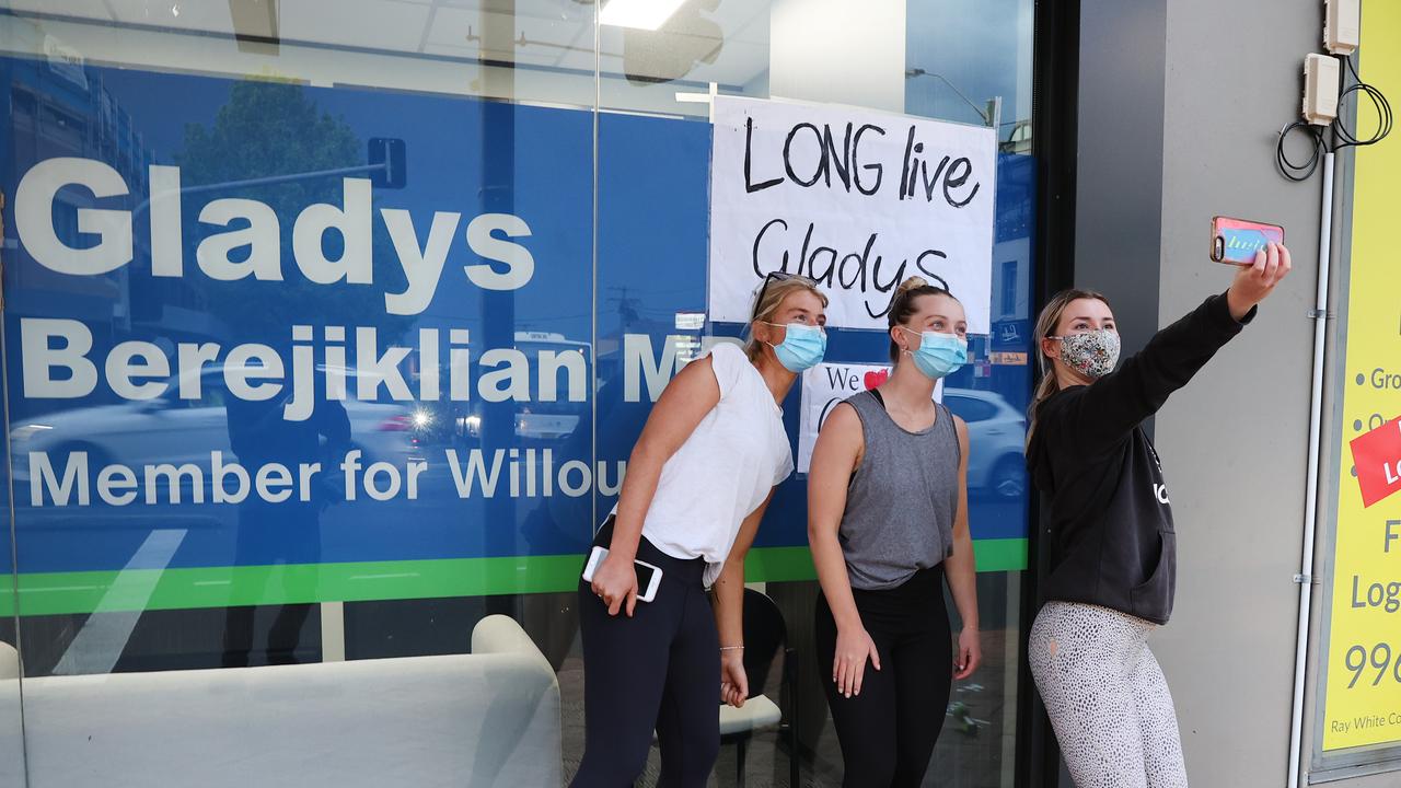 Lucy Lennon, Elise Dixon and Mim Dixon, supporters of outgoing NSW Premier Gladys Berejiklian at her Northbridge office. . Picture: Richard Dobson