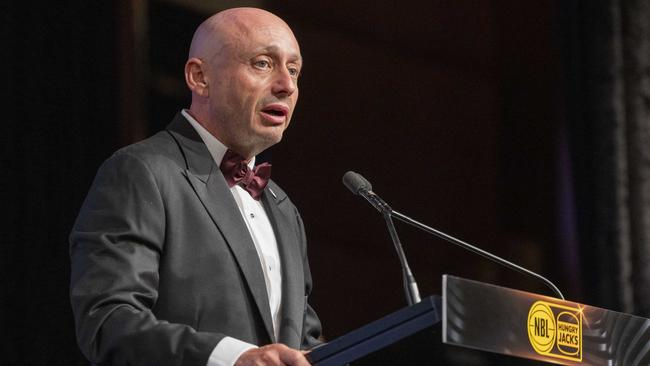 NBL Owner Larry Kestelman speaks on stage during the 2023 NBL MVP Awards at Crown Palladium on February 07, 2023 in Melbourne, Australia. (Photo by Wayne Taylor/Getty Images for NBL)