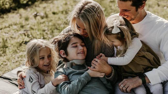 Rye Johnson with his parents Brooke and Rhys and younger sister Bowie and brother Jed. Picture: supplied