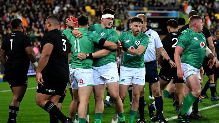 WELLINGTON, NEW ZEALAND - JULY 16: Dan Sheehan of Ireland celebrates with James Lowe of Ireland after Irelands first try during the International Test match between the New Zealand All Blacks and Ireland at Sky Stadium on July 16, 2022 in Wellington, New Zealand. (Photo by Joe Allison/Getty Images)