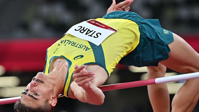 Australia's Brandon Starc competes in the men's high jump final. Picture: Ben Stansall/AFP