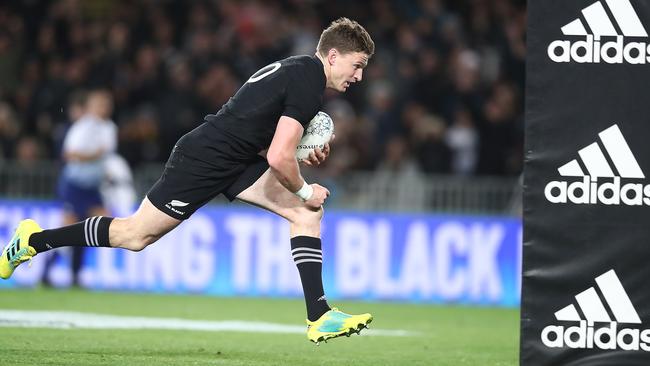 Beauden Barrett of the All Blacks scores a try at Eden Park.