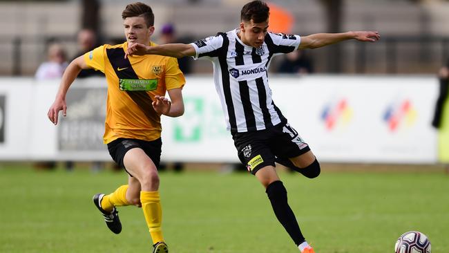 Stefan Casalbore scored four goals in Adelaide City’s FFA Cup SA thumping of amateur side Elizabeth Vale. Picture: Image AAP/Mark Brake