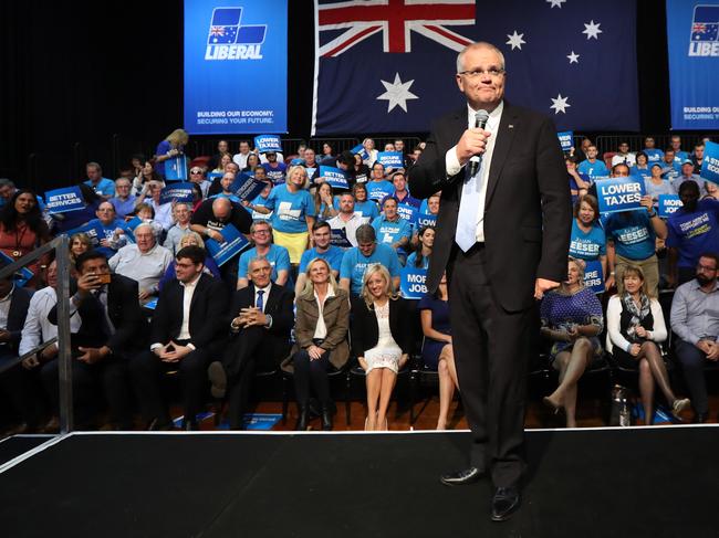 Prime Minister Scott Morrison outlines his refugee greets the Liberal Party faithful in Sydney. Picture: Gary Ramage