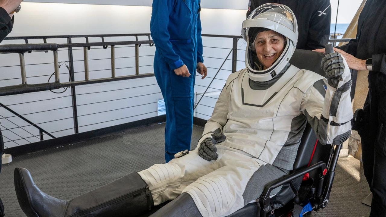 NASA astronaut Suni Williams had to be taken out of the capsule in a wheelchair in case her bones had been weakened. Picture: Keegan Barber/NASA via AP
