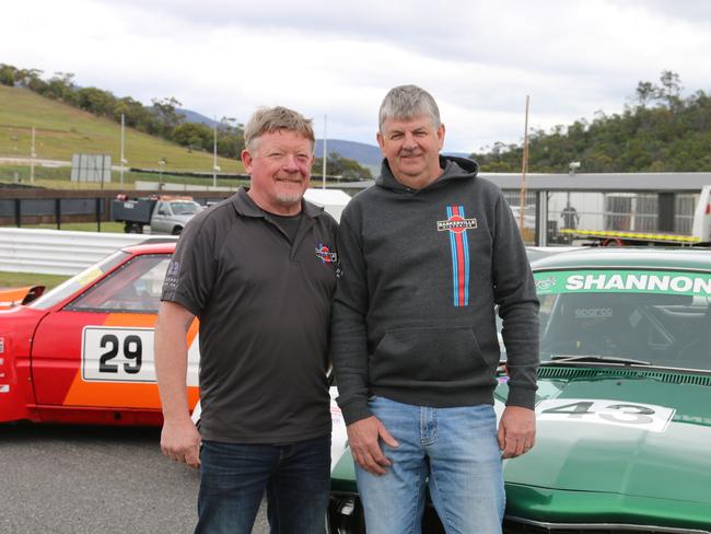 Leigh Woolley and Mick Cross with Mr Wooley's XU1 Torana and Mr Cross' sports sedan Rover at Baskerville ahead of the 2024 Baskerville Historics. Picture: Elise Kaine