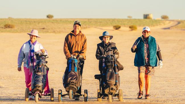 Raelene Ievers, Kymberly Rose, Carmel Case, and Tanya Beck playing in the Outback QLD Master at the Birdsville Dunes Golf Club. Picture: Reuben Nutt