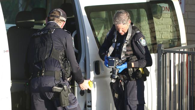 Police at the Le Smileys Childcare Centre in Gracemere where a child was found in critical condition on a parked bus, Gracemere – Photo Steve Vit