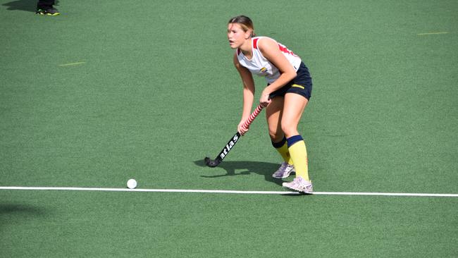 Concentration on the face of Northern Sydney and Beaches player at NSW U18s Girls Hockey Championships, May 21.