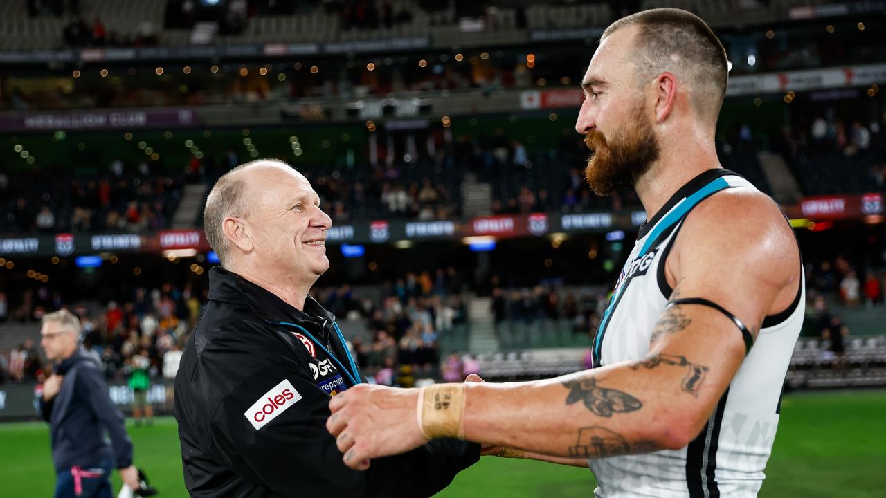 Ken Hinkley and Charlie Dixon have a special bond. Picture: Dylan Burns/AFL Photos via Getty Images